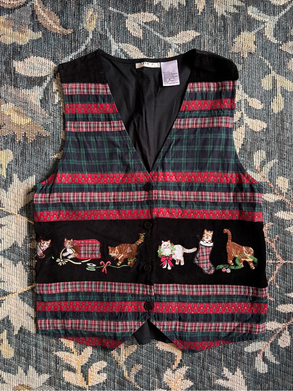 Holiday Velvet & Plaid Vintage Embroidered Cat Vest - Size M